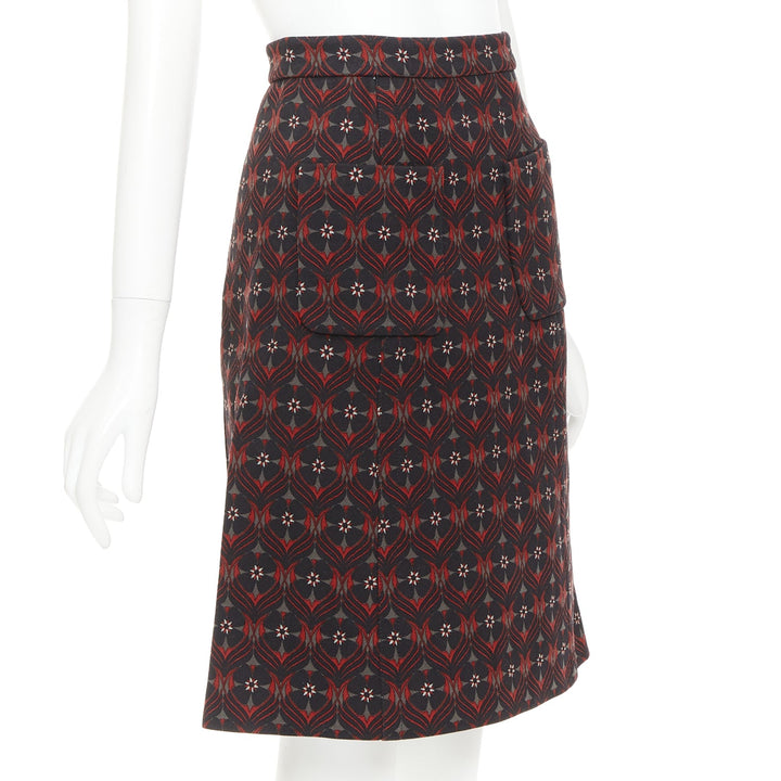 MIU MIU 2015 red khaki floral wool vintage print pocketed A-line skirt IT36 XXS