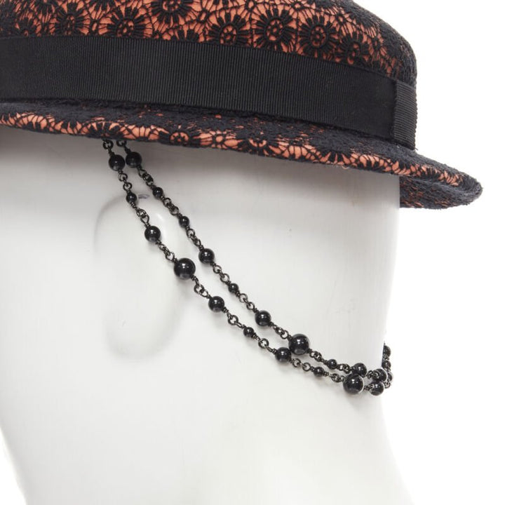 MAISON MICHEL black floral lace orange felt black pearl chain fedora hat 52cm