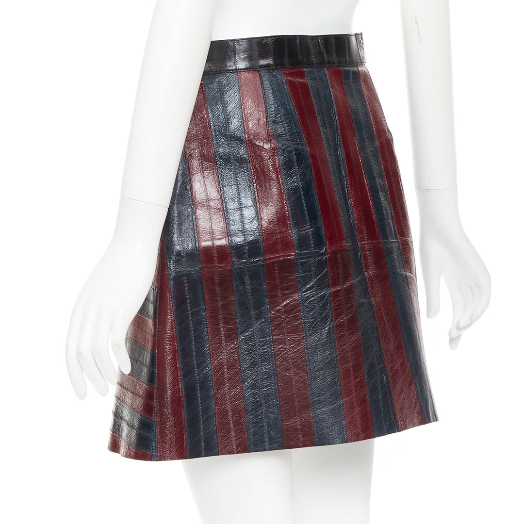 LOUIS VUITTON 2015 Runway burgundy navy eel leather patchwork skirt FR38 M