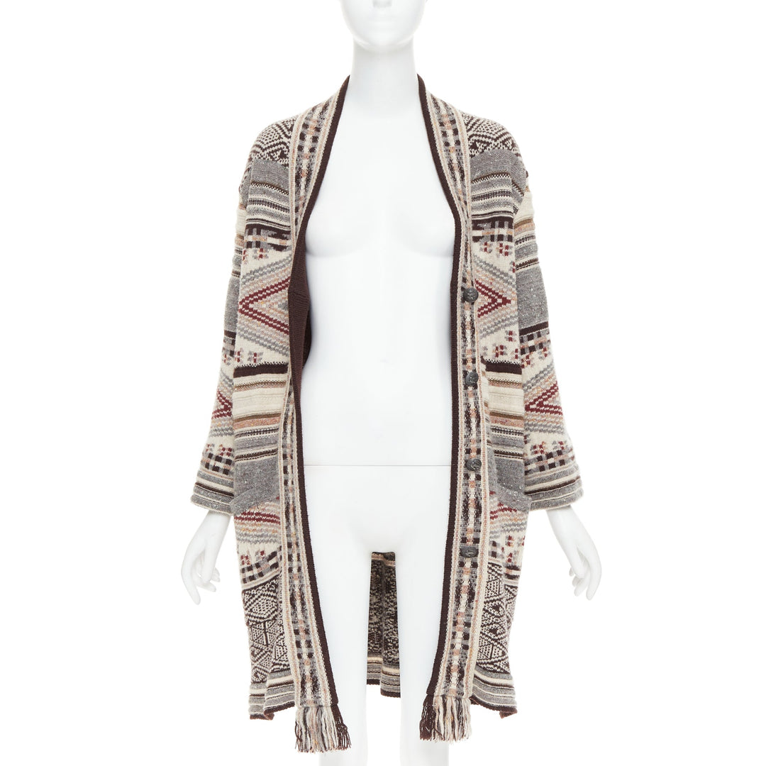 ETRO brown burgundy nude wool silk ethnic knit cardigan coat IT40 S