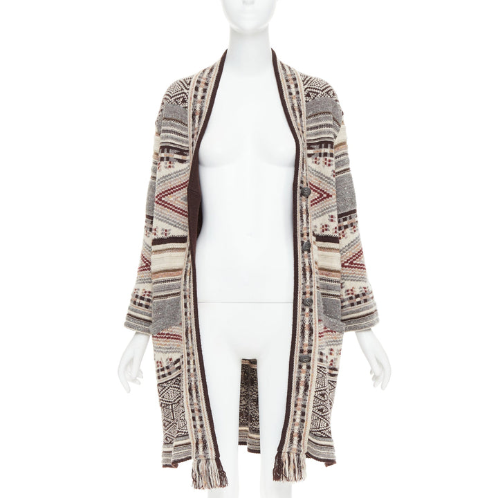 ETRO brown burgundy nude wool silk ethnic knit cardigan coat IT40 S