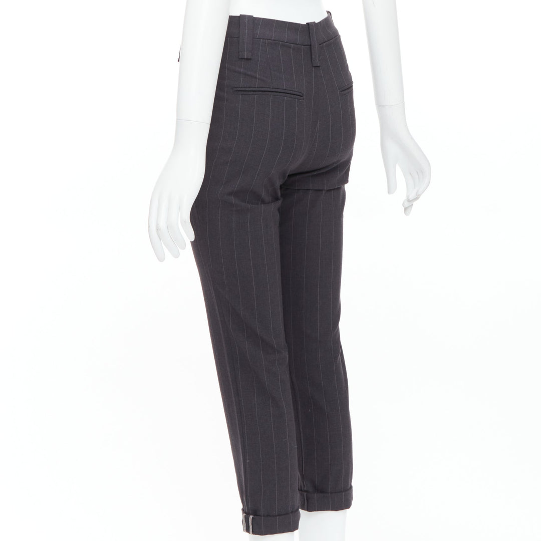 BRUNELLO CUCINELLI grey virgin wool blend pinstripe cuffed crop trousers IT38 XS