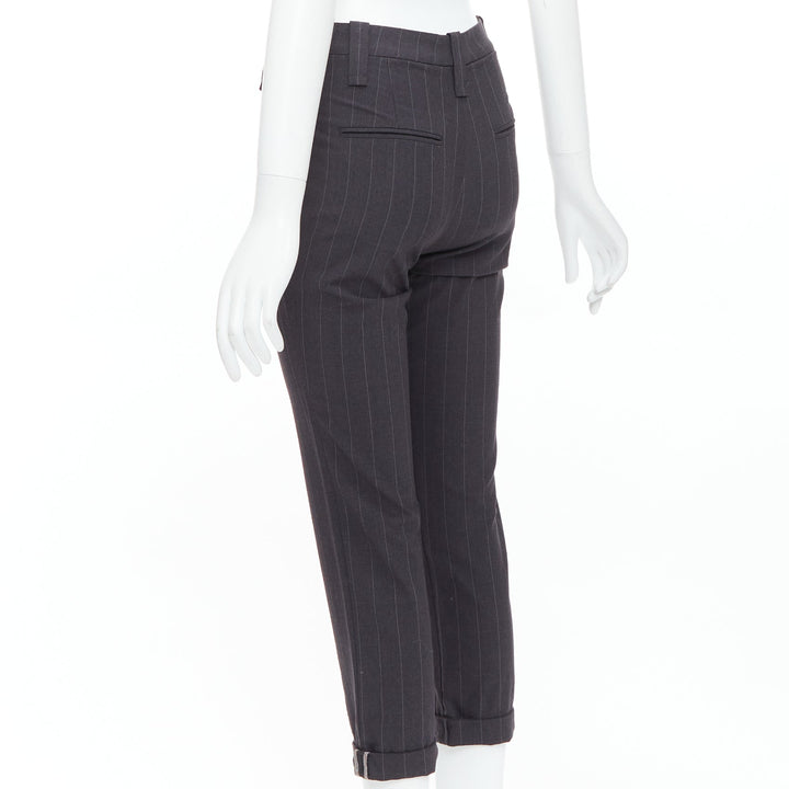BRUNELLO CUCINELLI grey virgin wool blend pinstripe cuffed crop trousers IT38 XS