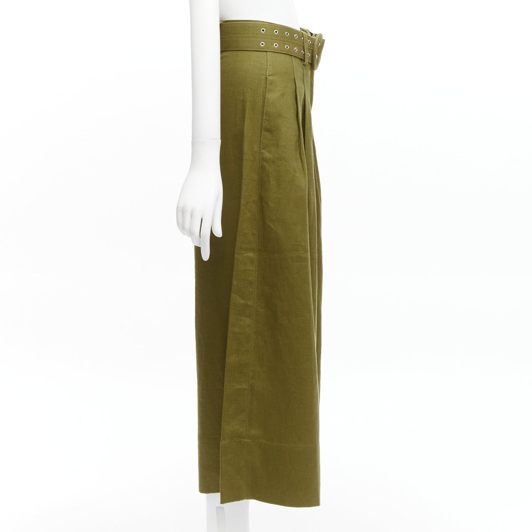 NICHOLAS military green 100% linen high waisted belted wide leg pants US6 M