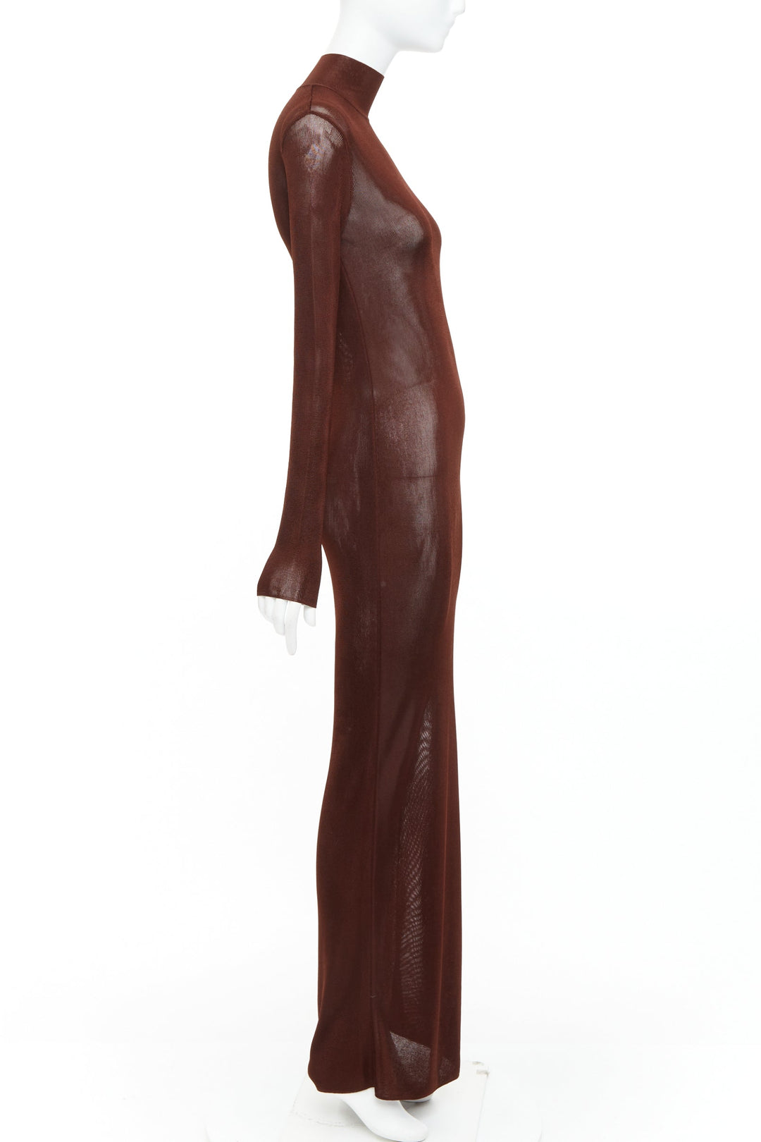 SAINT LAURENT 2023 Runway chocolate dark brown mock neck sheer knit dress XS