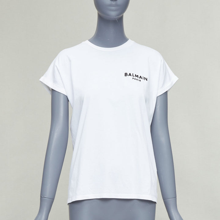 BALMAIN white cotton black logo felt print cap roll sleeve tshirt XS