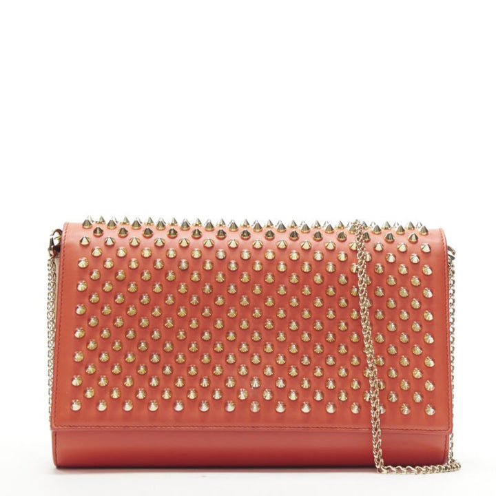 CHRISTIAN LOUBOUTIN Paloma red gold spike stud pink shoulder chain clutch bag
