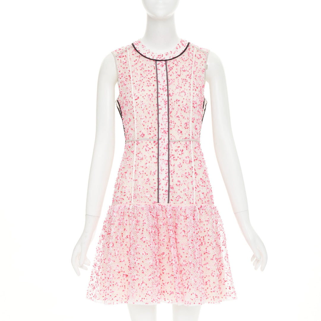 FENDI Flocked Blossom pink sheer black trim drop waist mini dress IT42 M