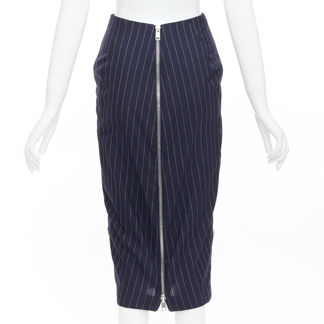 VICTORIA BECKHAM 100% wool navy pinstriped 2-way zip pencil skirt UK6 XS