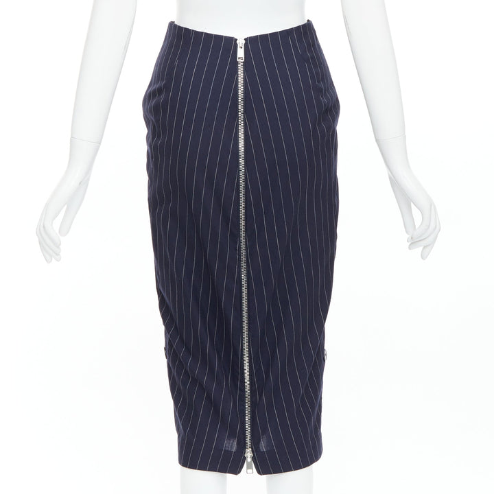 VICTORIA BECKHAM 100% wool navy pinstriped 2-way zip pencil skirt UK6 XS