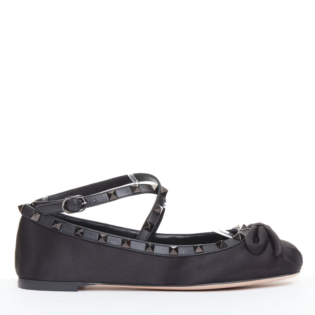 VALENTINO Rockstud nero black satin leather studded cross ballet flats EU37.5