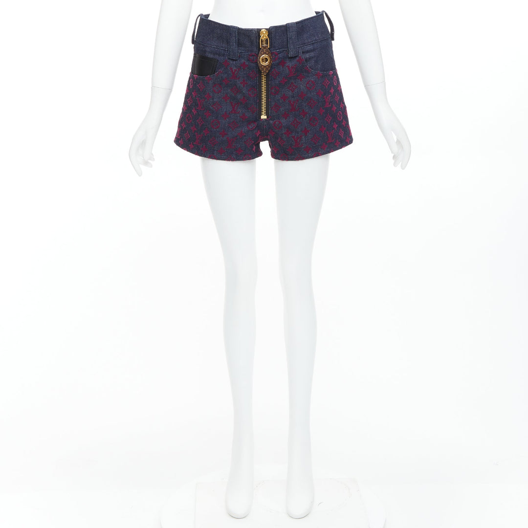 LOUIS VUITTON Flocked Monogram burgundy blue monogram denim shorts XS