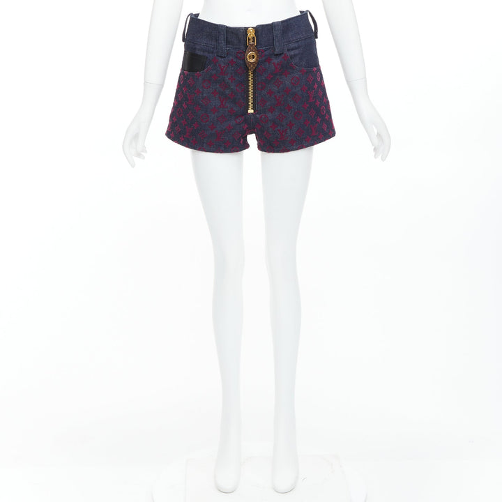 LOUIS VUITTON Flocked Monogram burgundy blue monogram denim shorts XS