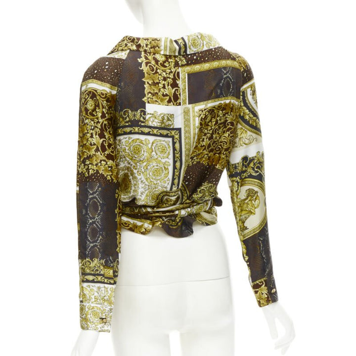 VERSACE 2021 Mosaic Barocco 100% silk print wrap tie cropped shirt IT40 S