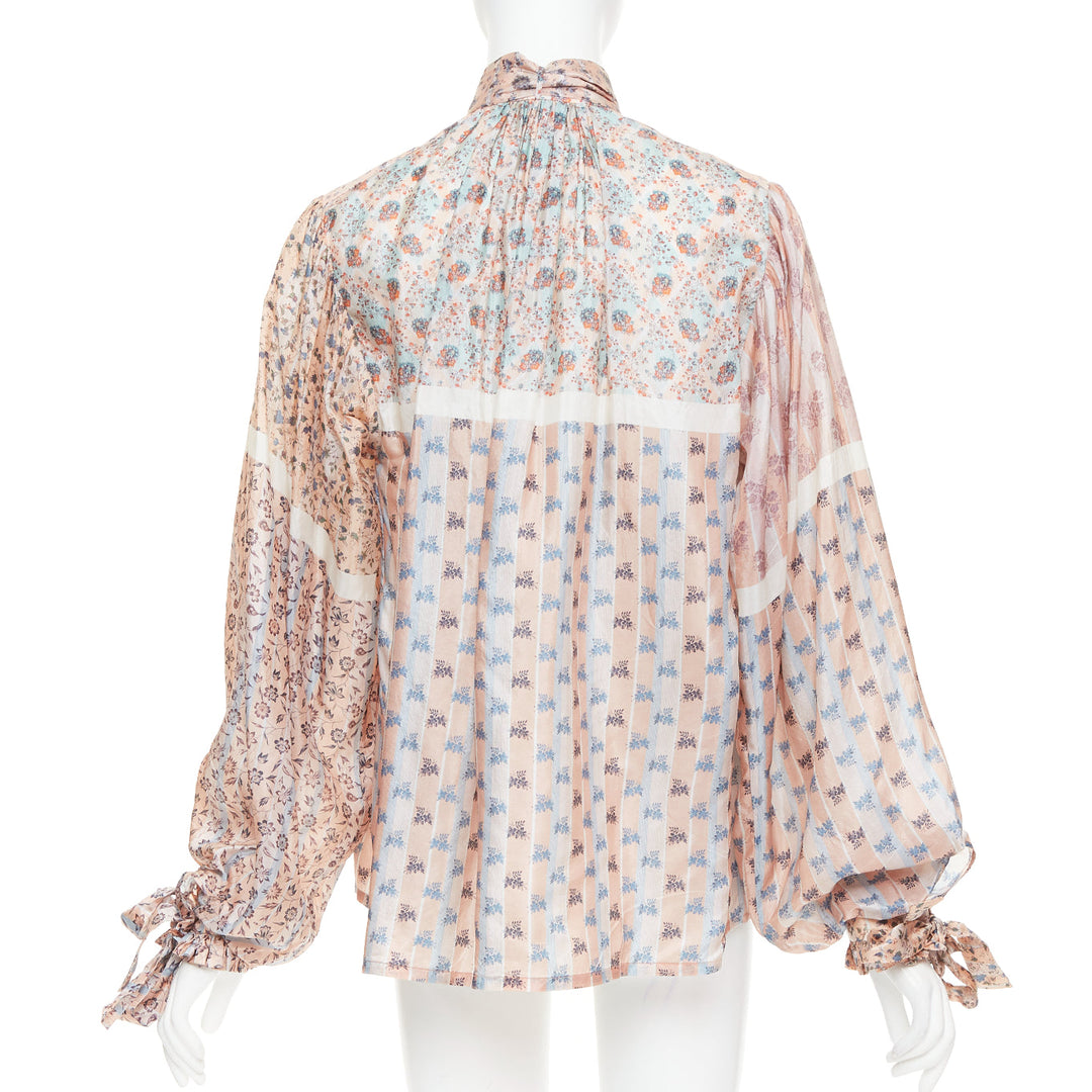 LOUIS VUITTON 2018 Runway 100% silk pink floral stripes pussybow blouse FR36 S