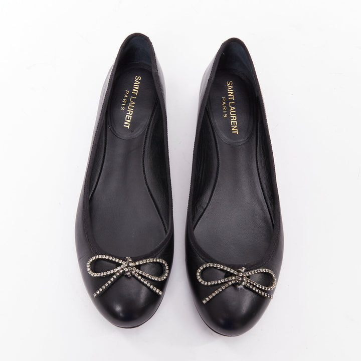SAINT LAURENT Seta black leather rhinestone crystal bow ballerina flats EU37
