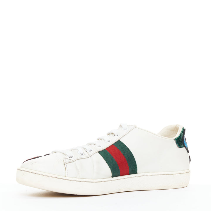 GUCCI Ace white leather pink floral embroidered patch sneakers EU37.5