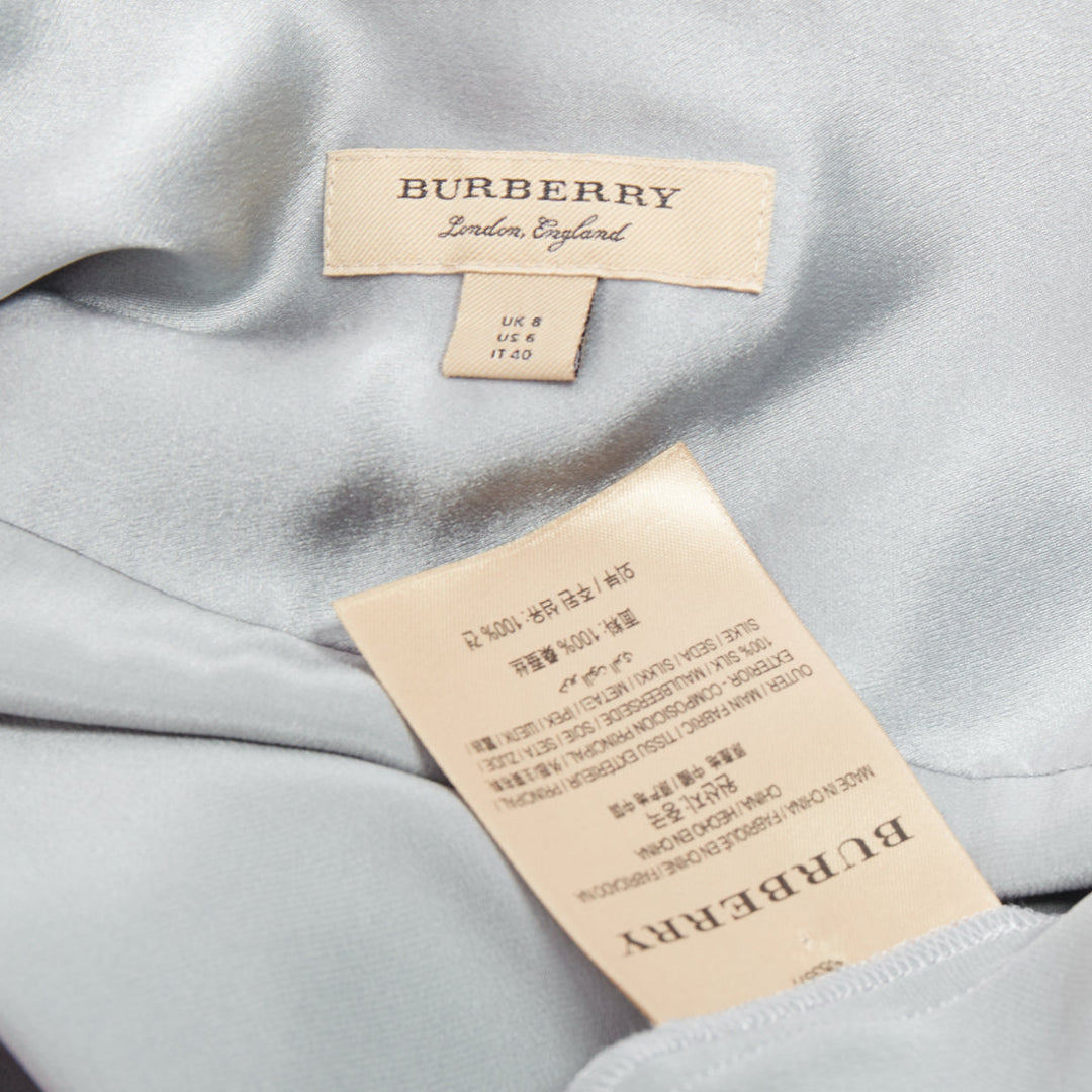 BURBERRY 100% silk steel blue button down wrap tie short sleeve dress UK8 S