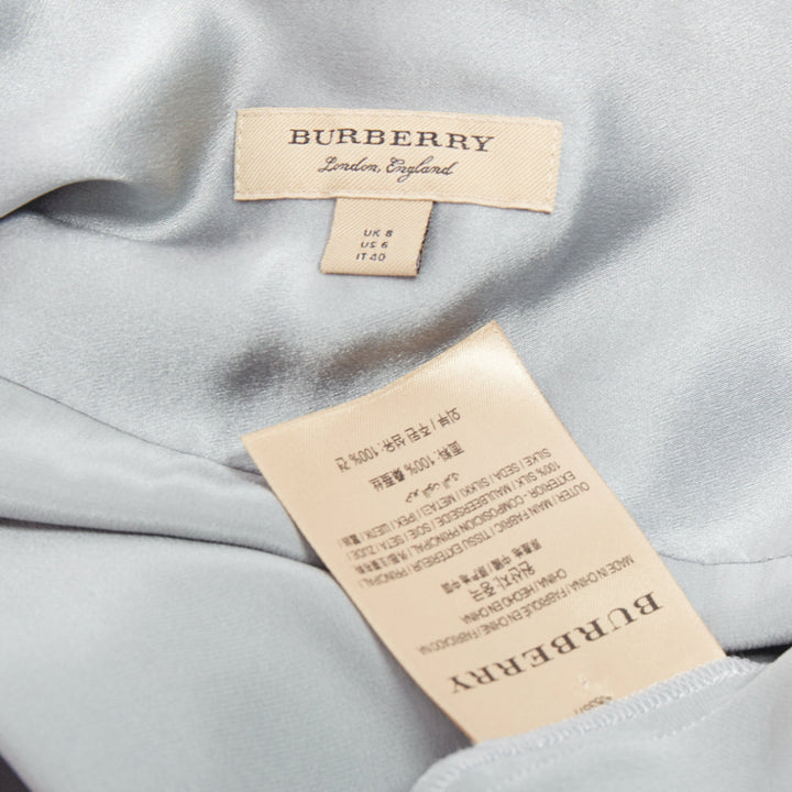 BURBERRY 100% silk steel blue button down wrap tie short sleeve dress UK8 S