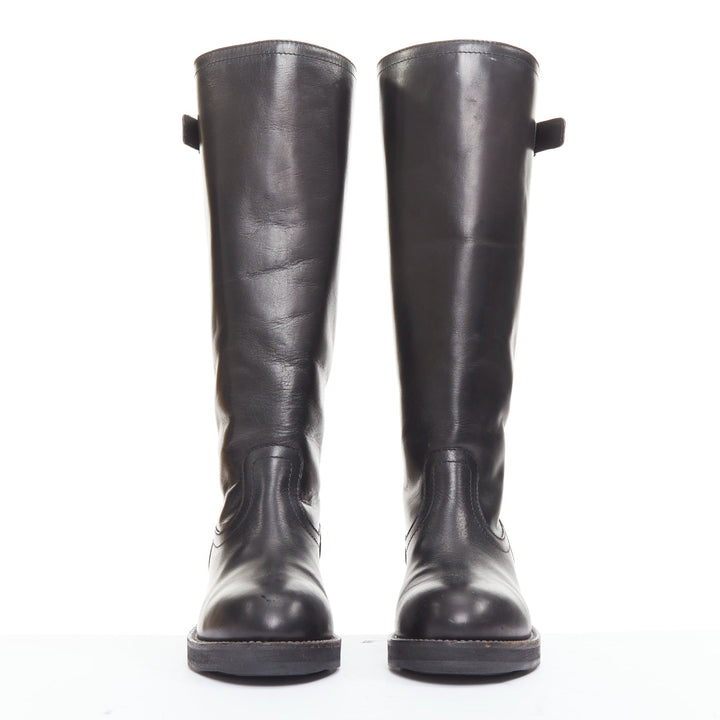 MARNI black leather silver buckle side round toe knee high boots EU37.5
