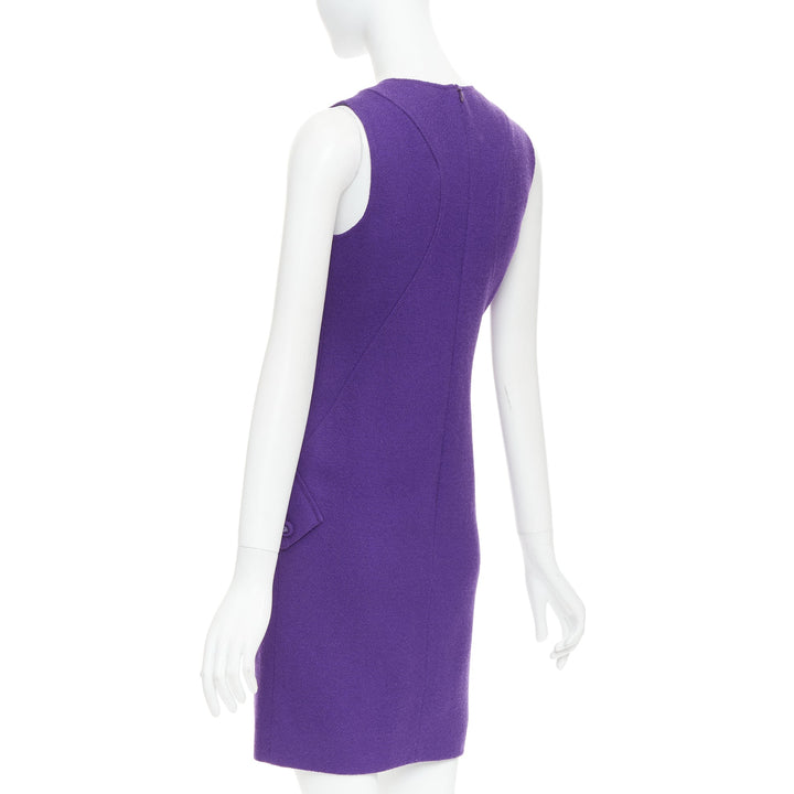 VERSACE purple boucle wool Medusa button slant pocket dress IT38 XS