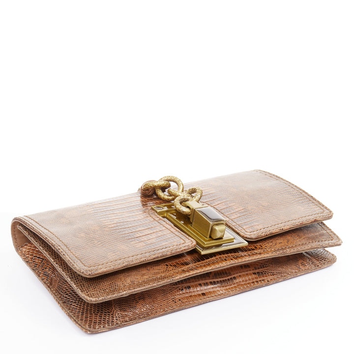 BOTTEGA VENETA brown lizard gold intrecciato resin chain evening clutch bag