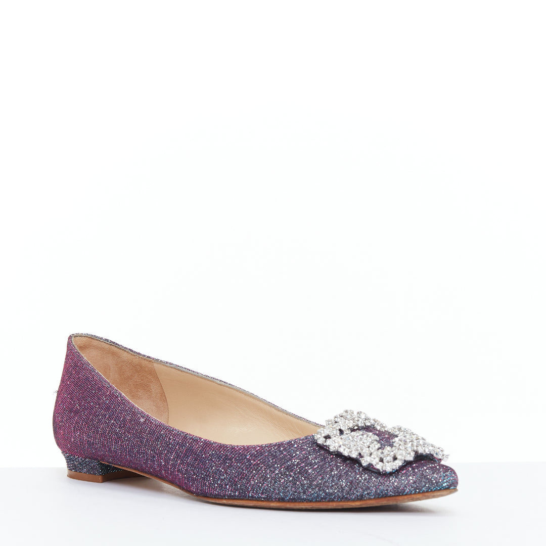 MANOLO BLAHNIK Hangisi purple glitter fabric strass buckle pointy flats EU37