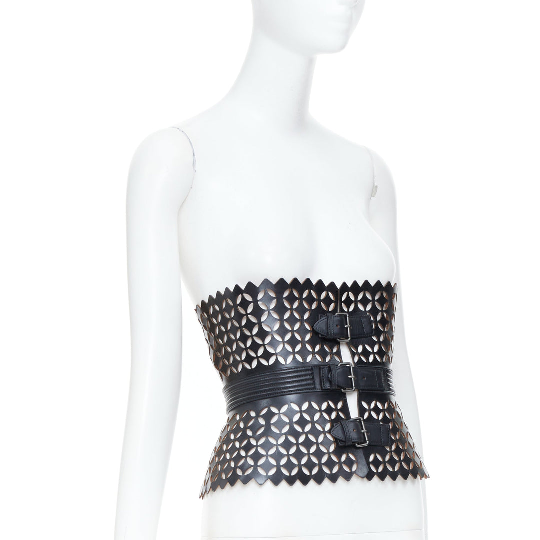ALAIA Petale black perforated openwork laser cut triple buckle leather belt 65cm
