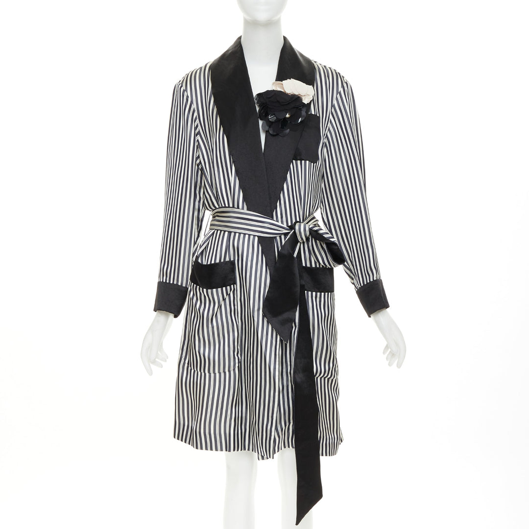 LANVIN grey black striped viscose floral applique belted robe outerwear FR34 XS