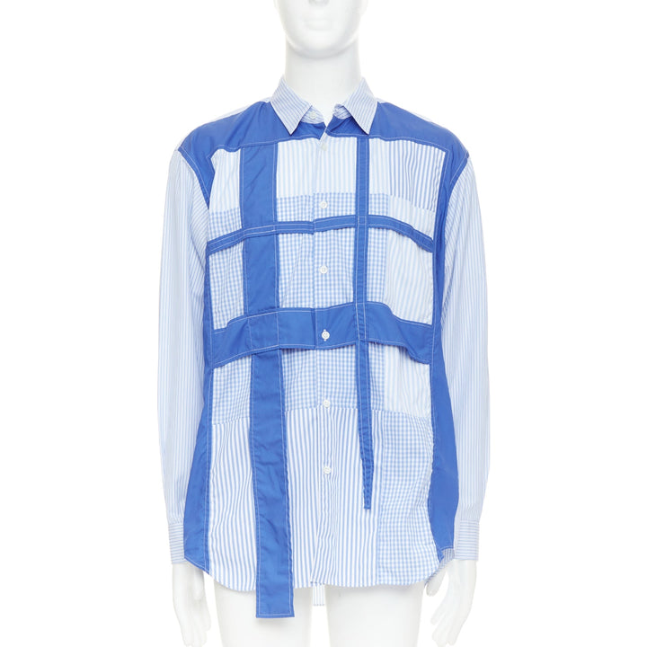 COMME DES GARCONS SHIRT blue cotton cage applique patchwork shirt L