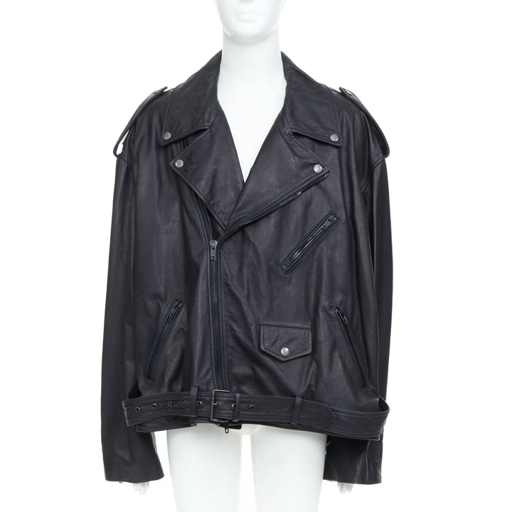 BALENCIAGA 2024 Demna black super oversized cowhide leather moto biker jacket L