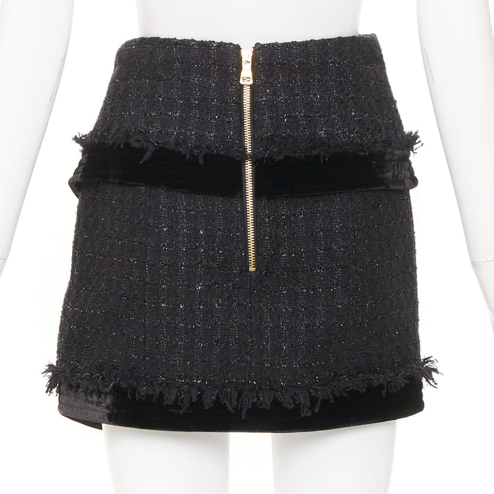 BALMAIN black cotton blend metallic tweed gold buttons foldover skirt FR34 XS