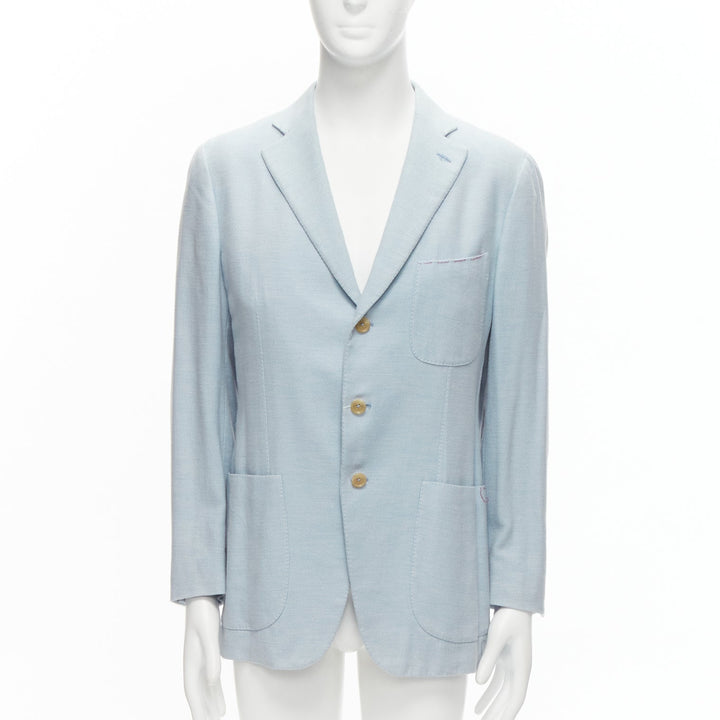 ISAIA Dustin 100% cotton light blue topstitch collar 3 pockets blazer IT50 L
