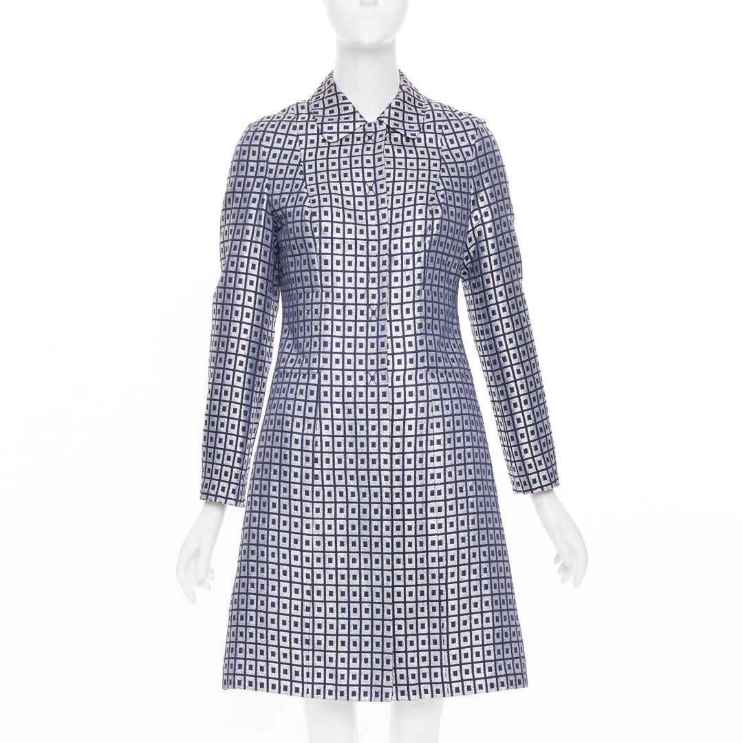 TORY BURCH navy silver metallic cotton blend brocade collared long coat US4 S