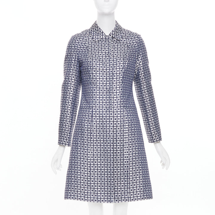 TORY BURCH navy silver metallic cotton blend brocade collared long coat US4 S