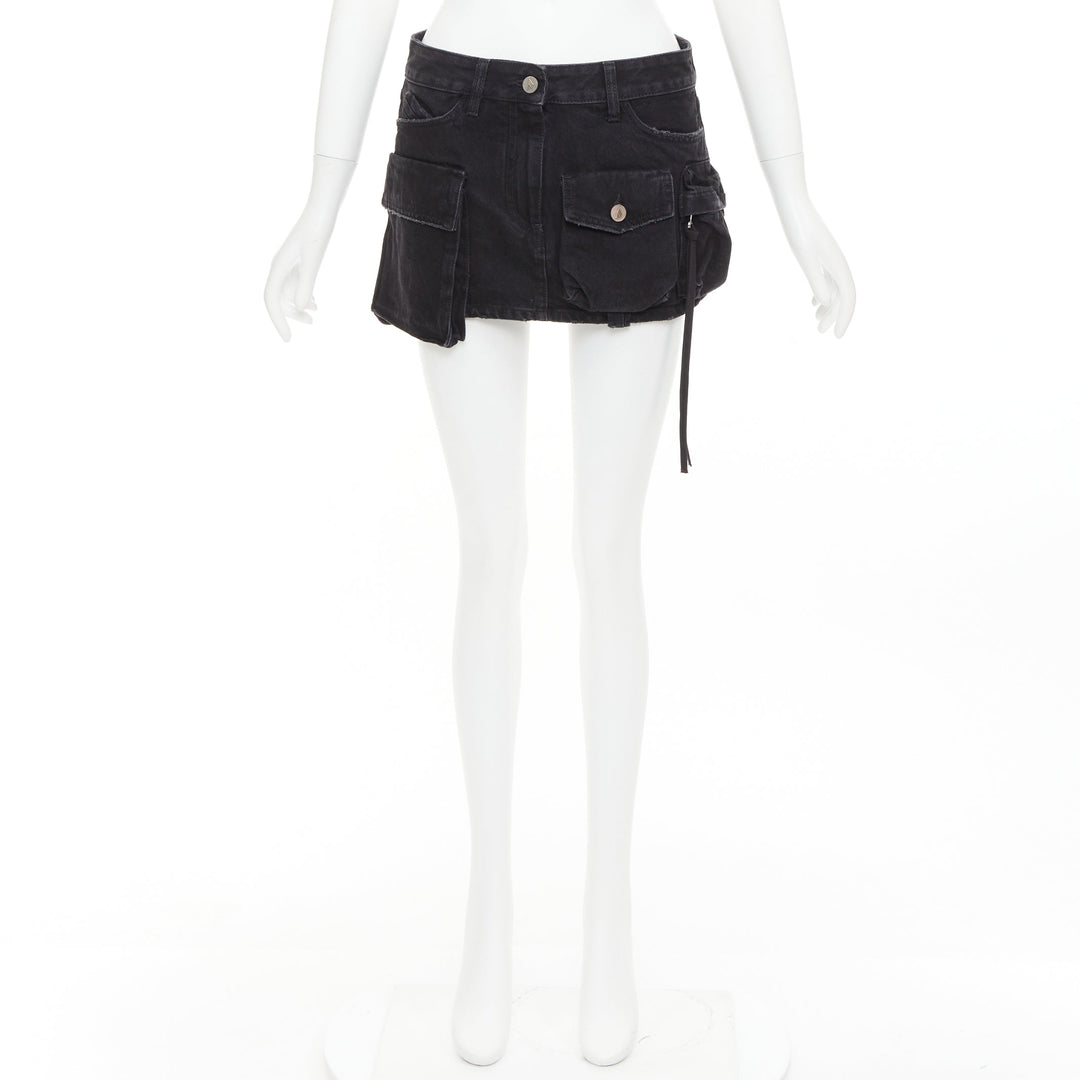 THE ATTICO Fay black cotton multi cargo pocket low rise mini skirt 25"
