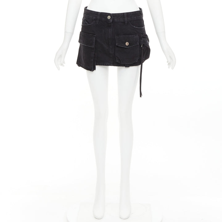 THE ATTICO Fay black cotton multi cargo pocket low rise mini skirt 25"