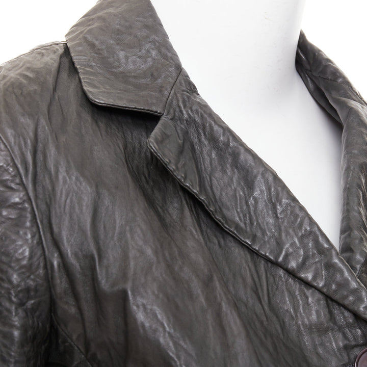 DONNA KARAN dark taupe crinkled lambskin leather blazer jacket IT38 XS