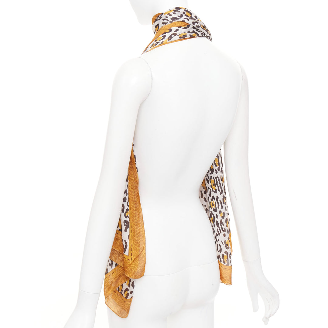 FENDI 100% silk brown leopard print logo border long rectangular scarf