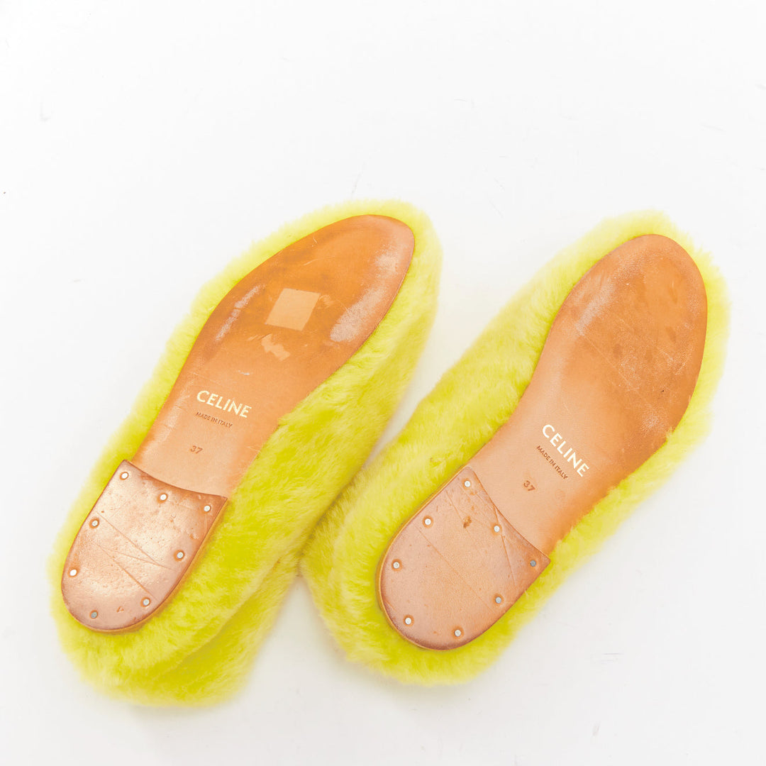 CELINE 2022 Les Ballerines yellow plush furry triomphe bow ballet flats EU37