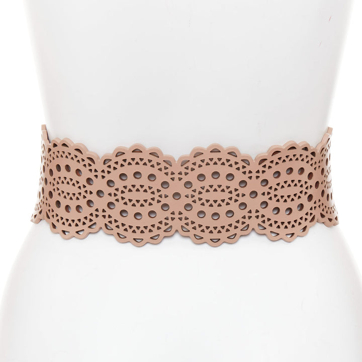 ALAIA nude leather  laser cut out scallop edge wide belt 65cm
