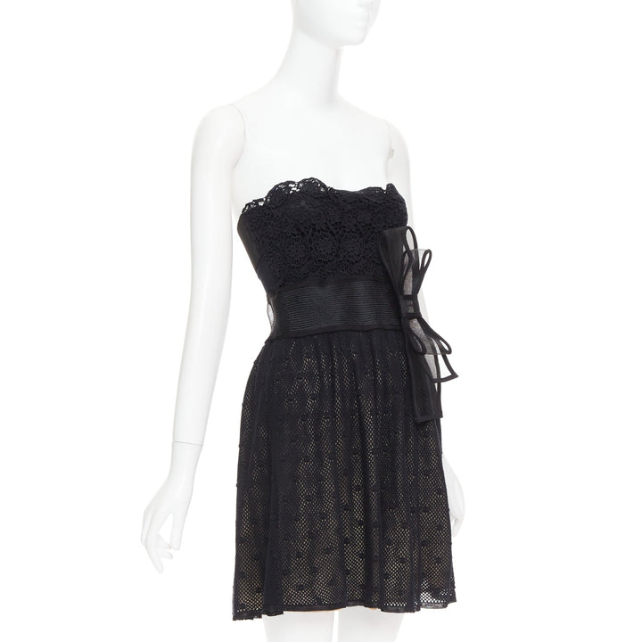 RED VALENTINO black multi lace stiff bow embellished strapless dress