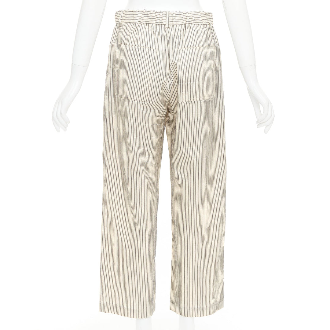 CHRISTIAN DIOR beige navy silk cotton striped cropped wide pants FR36 S