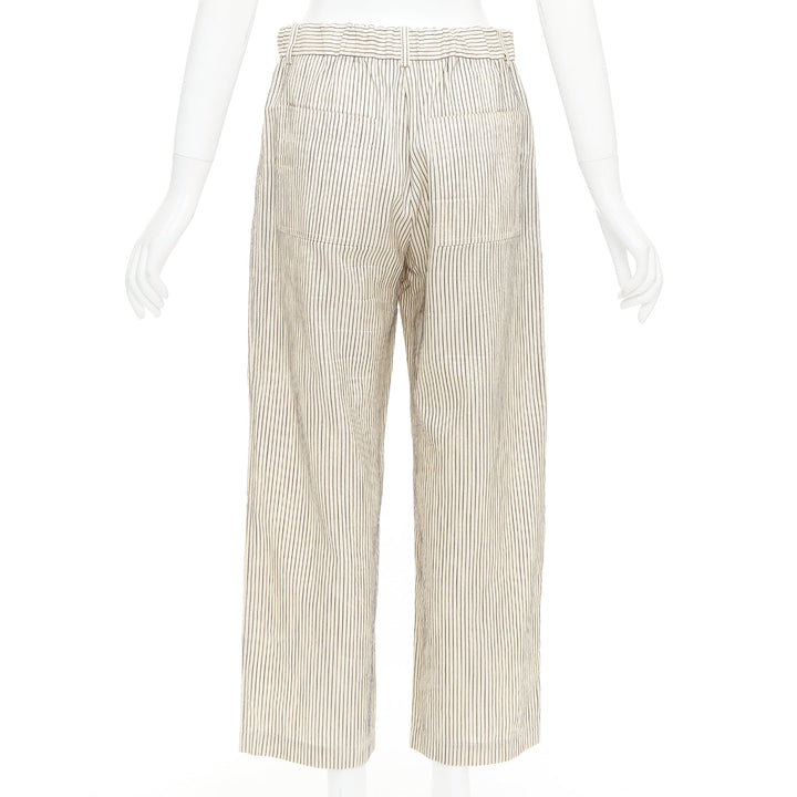 CHRISTIAN DIOR beige navy silk cotton striped cropped wide pants FR36 S