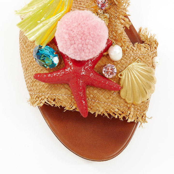 DOLCE GABBANA 2016 Runway beige raffia pom pom crystal starfish sandals EU37