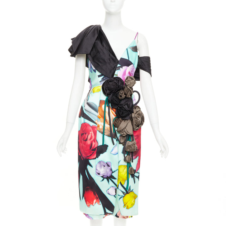 rare PRADA 2019 Runway Floral Print Cascade Rosette applique dress IT38 XS
