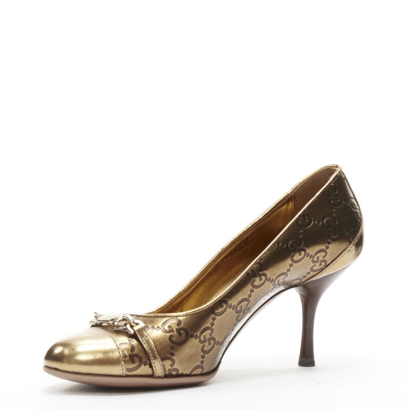 GUCCI Vintage metallic gold GG monogram gold chain charm mid heel pump EU36 C