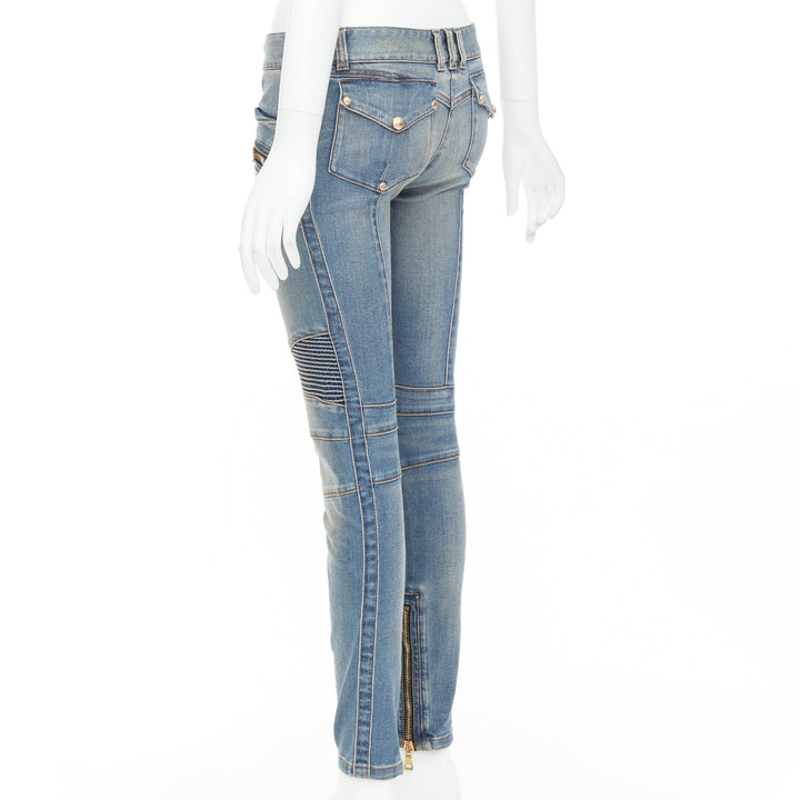 BALMAIN blue faded washed ribbed denim moto biker jeans FR36 S
