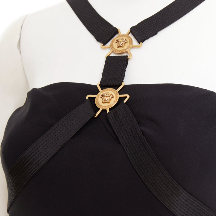 VERSACE black gold Medusa plaque bondage accent midi harness dress IT38 XS