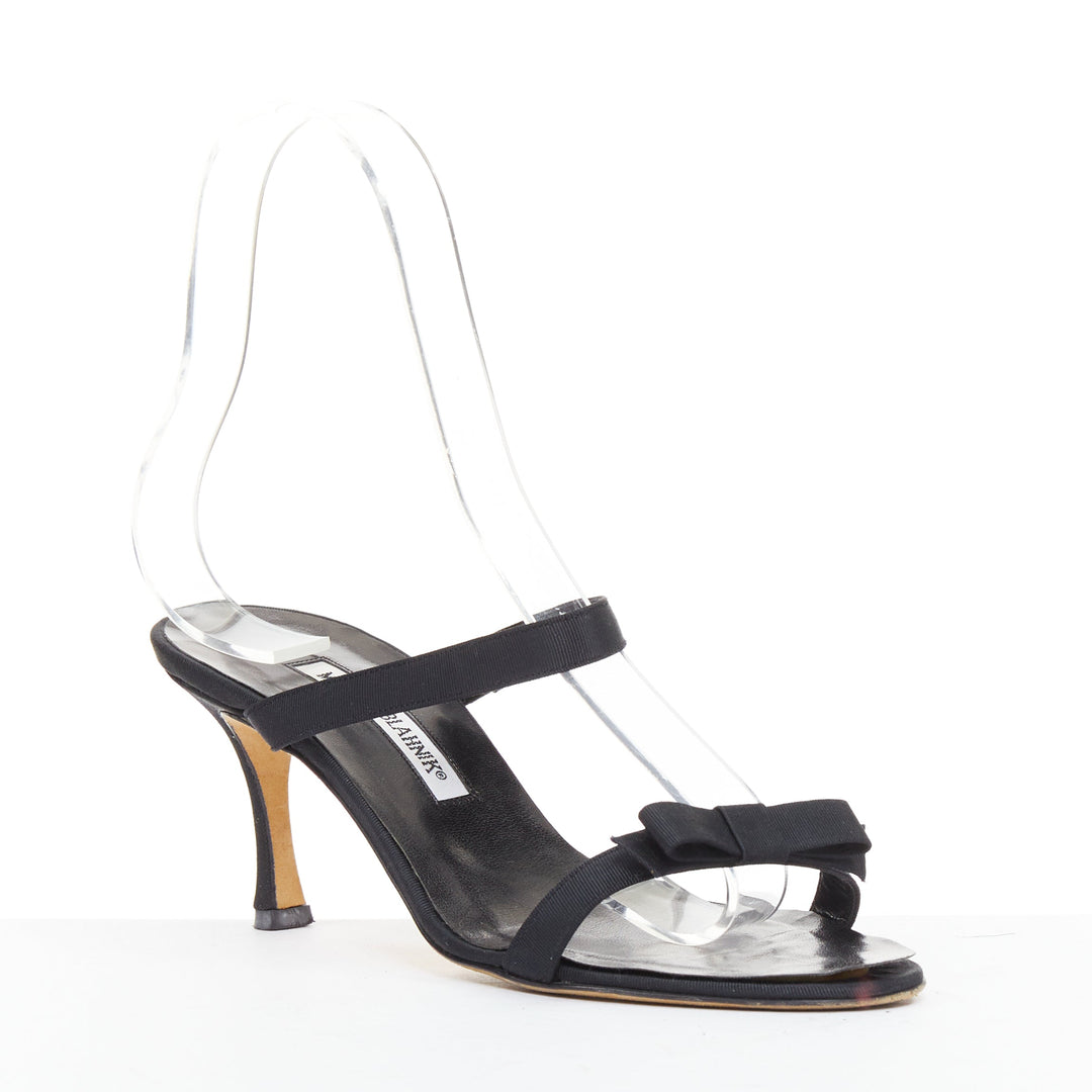 MANOLO BLAHNIK black grosgrain ribbon straps leather spool slipper heels EU37